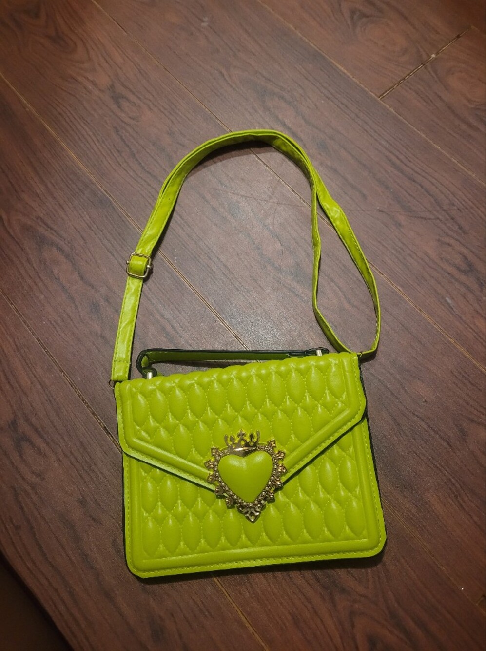 Green Quilted Heart Accent Shoulder Bag